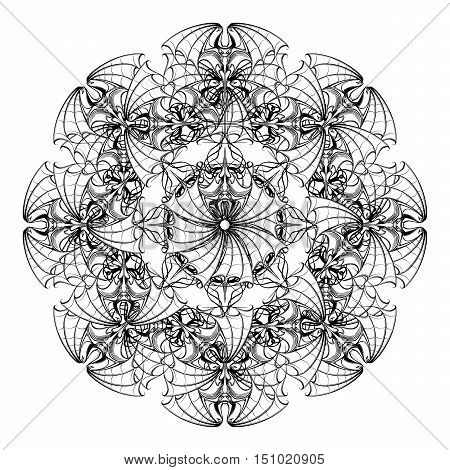 Intricate stylized circular ornament with bats for Halloween. Freehand sketch for adult coloring page. Tattoo design. Ornamental artistic drawing for t-shirt print EPS10 vector illustration.