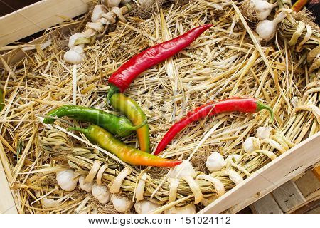 Red Hot Chili Peppers And Garlic On The Hay In The Case. Fresh Organic Food Background Vegetables. O