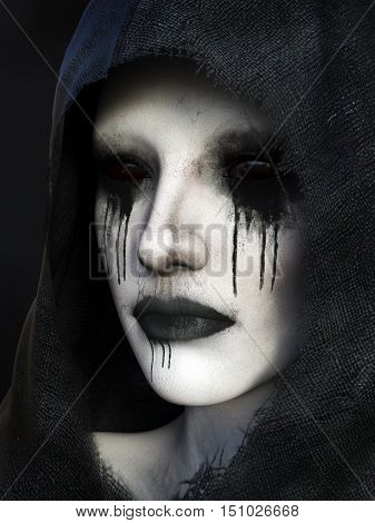 Portrait of demon dressed in a black hood 3D rendering. Black background.