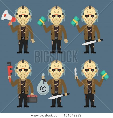 Vector Illustration, Maniac Holds Machetes Pipe Wrench Money Megaphone, Format EPS 8