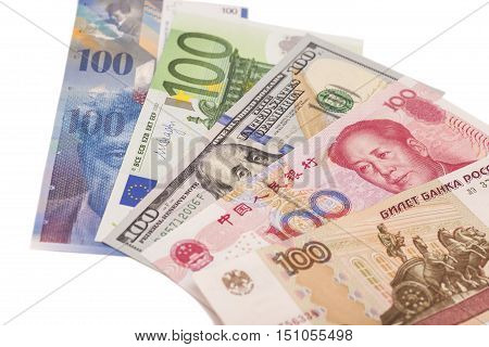 American dollars European euroSwiss francChinese yuan and Russian Ruble bills