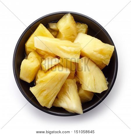 Bowl Of Canned Pineapple Chunks Isolated On White, From Above