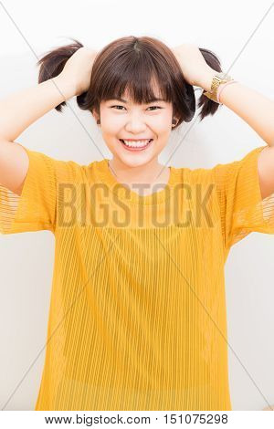Young Beautiful Amilling Asian Sexy Female With Yellow Shirt