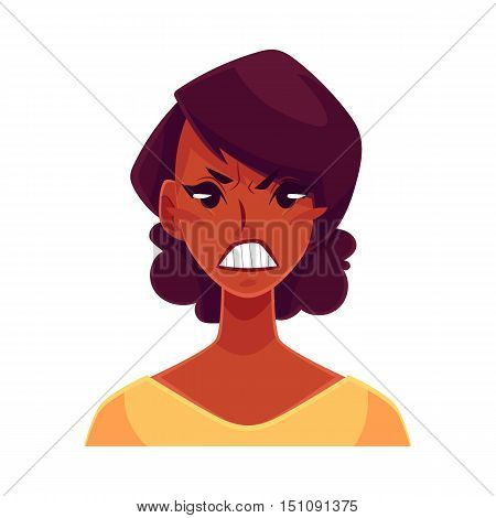 Pretty African girl, angry facial expression, cartoon vector illustrations isolated on white background. Black woman frowns, feeling distresses, frustrated, sullen, upset. Angry face expression