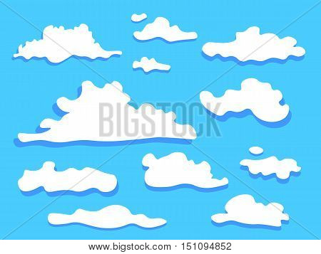 Cloud vector icon set white color on blue background. Sky flat illustration collection for web, art and app design. Different nature cloudscape weather symbols.