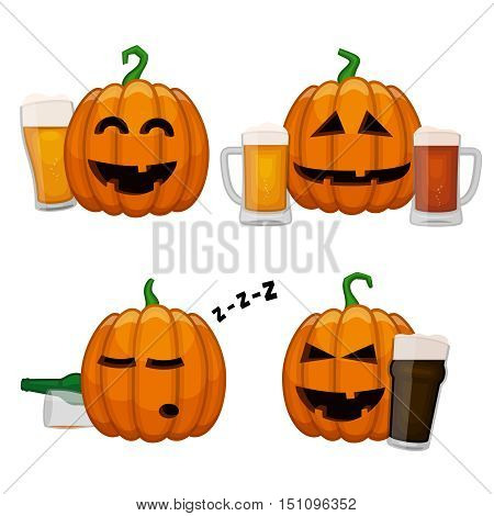 Set of drunk pumpkins. Happy Halloween pumpkins with glasses of beer. All saints eve beer party poster.