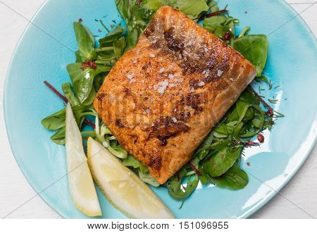 Fried salmon fillet with fleur de sel on mixed salad.