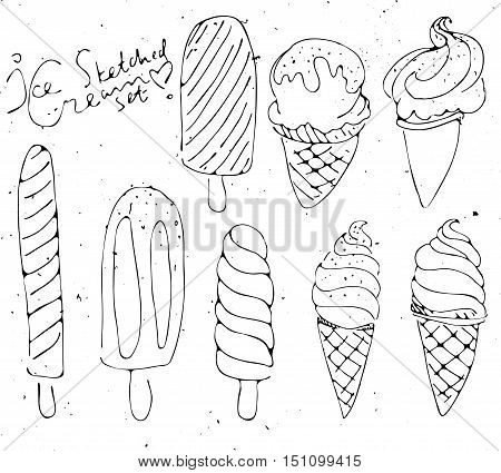 Set of Ice cream - sketched isolated icecream on white background with vintage texture
