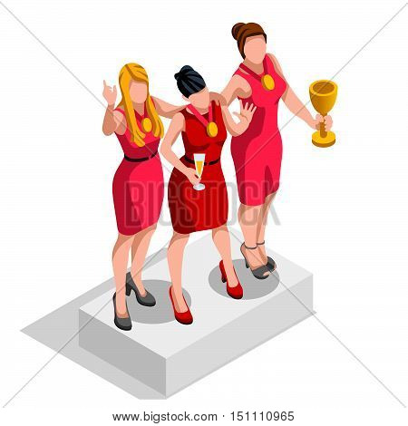 Business concept infographic vector design. Businessperson 3D character flat ambitious woman. Job ambition changing role winning Startup group training goal setting and team management illustration