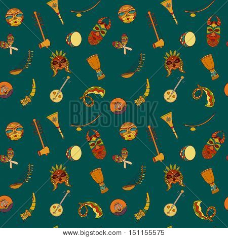 Hand-drawn seamless african music pattern. Vector illustration. Sketch elements of musical instruments drum, shakers, horn, kora, djembe