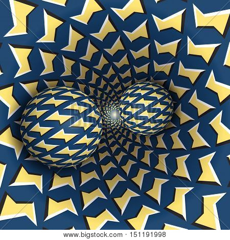 Optical illusion illustration. Two balls are moving on rotating funnel. Yellow blue lightnings pattern objects. Abstract fantasy in a surreal style.
