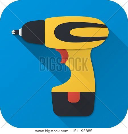 Vector illustration. Toy electric screwdriver in flat design with long shadow. Square shape icon in simple design. Icon vector size 1024 corner radius 180