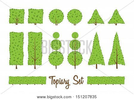 Topiary set. Different basic shape of bushes trees. Green and brown trees. Square circle triangle shrub. Landscape design gardening park. Simple forms. Vector bushes elements on white background.