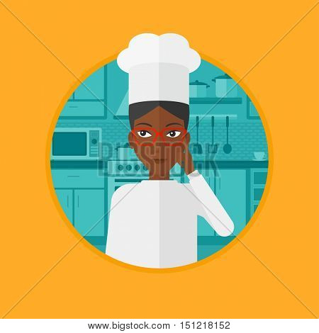 An african chief-cooker standing in the kitchen and pointing forefinger up. Chef thinking about the recipe. Chef having an idea. Vector flat design illustration in the circle isolated on background.