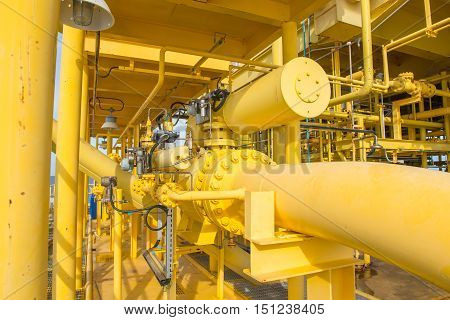 Pipeline production and control valve for oil and gas process, Pipeline construction on offshore wellhead remote platform, Energy and petroleum industry.