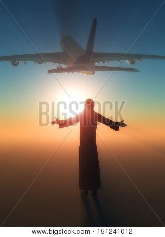 Jesus on the background of a passenger plane.3d render