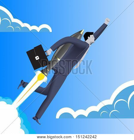 Successful startup business concept. Confident businessman in business suit with case in his hand and rocket engine on his back flies upwards at high speed. Concept of startup and quick success.