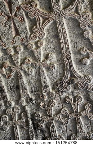 close stone khachkar crosses in the Armenian Church