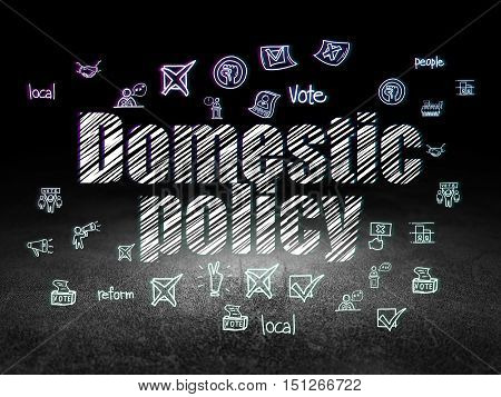 Politics concept: Glowing text Domestic Policy,  Hand Drawn Politics Icons in grunge dark room with Dirty Floor, black background