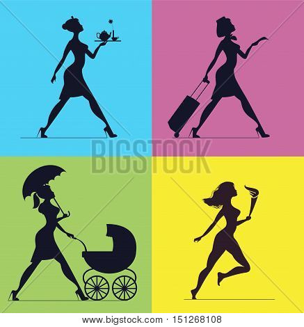 Hostess waitress babysitting athlete. Silhouettes of women