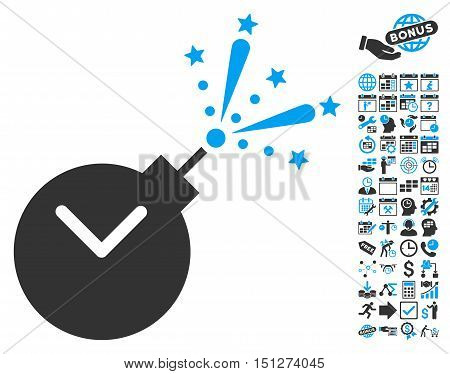 Time Fireworks Charge pictograph with bonus calendar and time management pictures. Glyph illustration style is flat iconic bicolor symbols blue and gray colors white background.