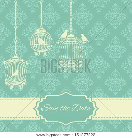 Vintage invitation card with ornate elegant abstract floral design in blue-white colors with birds cages and text label. Wedding invitation card guest card. Romantic background.