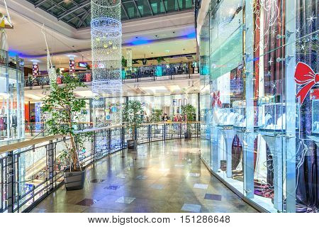 PRAGUE, CZECH REPUBLIC - DECEMBER 10, 2015: Interior of Palladium mall decorated for Christmas holidays - 5 floors shopping centers in Prague with 184 shops and 23 restaurants.