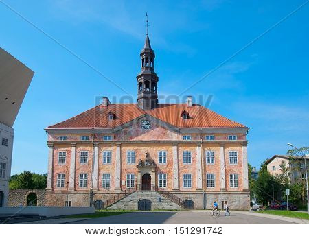 NARVA, ESTONIA - AUGUST 21, 2016: Old Town Hall Building and Square. On the left side is fragment of Narva College of University of Tartu
