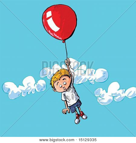 Sarjakuva poika roikkuu kiinni Baloon