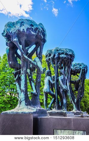 OSLO, MAY 2015: Human statues in Frogner Park. Frogner Park contains, in its present centre, the well-known Vigeland installation, a permanent sculpture installation created by Gustav Vigeland.