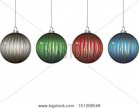 four christmas balls hanging decorated with gray green red and blue ribbon