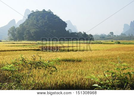 The karst mountains and rural scenery in autumn