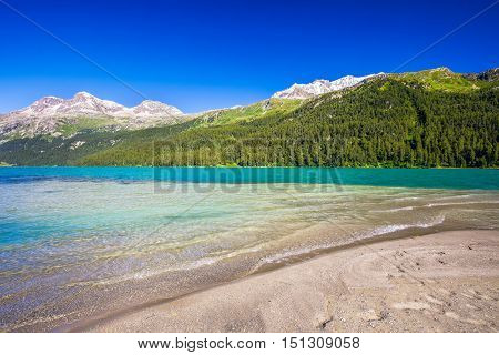 Sand Beach On Silvaplanersee, Lake In The Engadin Valley, Grison, Switzerland.