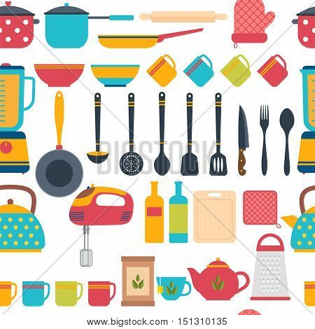 Cooking utensils background. Seamless pattern with kitchen tools. Vector illustration