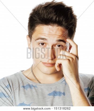 young attractive real man isolated thinking emotional on white close up gesturing smiling