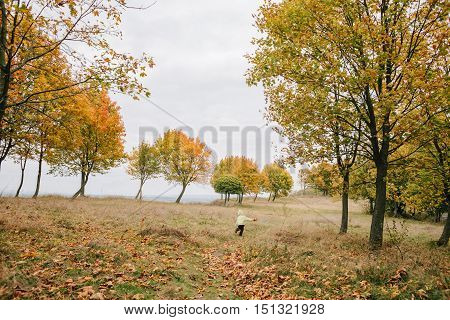 Little girl in the autumn park. run trod