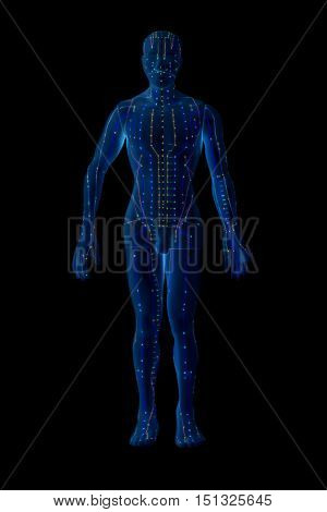 Medical acupuncture model of human isolated on black background