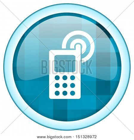 Blue circle vector telephone icon. Round internet glossy phone button. Webdesign graphic element. 