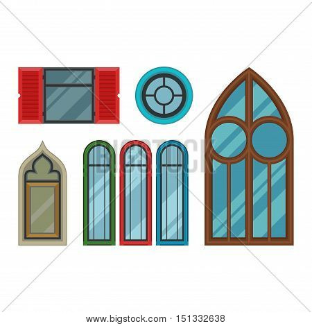 Different types house windows vector elements isolated on white background. Windows elements flat vector style. Vector windows frames. Windows isolated on white