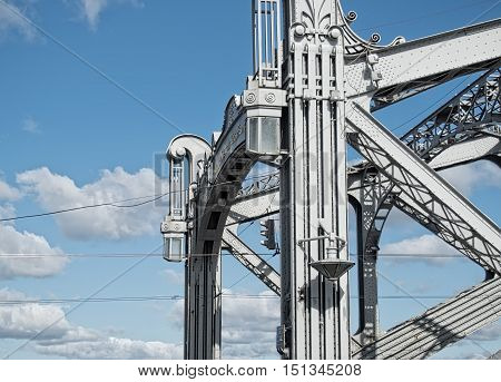 Architectural details of the bridge over the river Neva