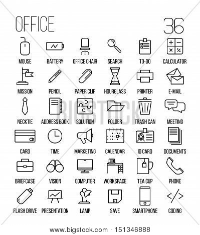 Set of office icons in modern thin line style. High quality black outline business symbols for web site design and mobile apps. Simple linear office pictograms on a white background.
