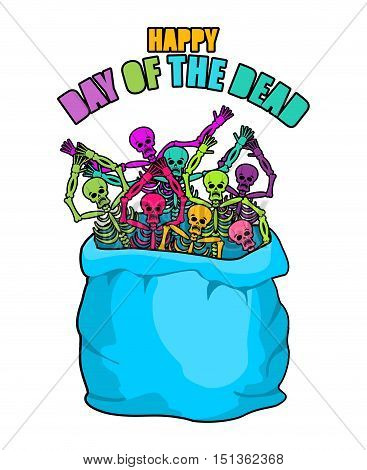 Day Of The Dead. Skeletons In Sack. Multicolored Skull In Bag. Logo For National Holiday In Mexico.