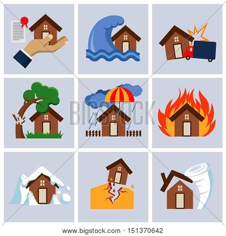 Natural disaster insurance, house insurance business service vector icons. Flood and fallen tree on roof illustration