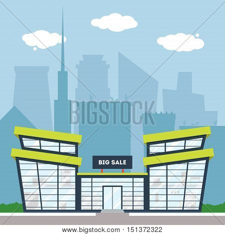 Flat Supermarket Building With City Background