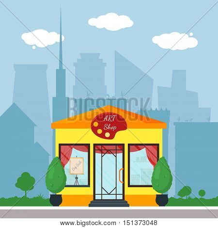 Flat shop store. Shopping mall building with green trees and grass. City background for card banner real estate poster postcard. Market shop place. Business marketing. Vector illustration.