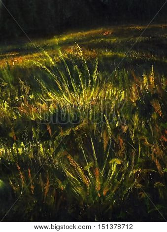 detail of nocturnal meadow with grass halms, painting and computer graphic