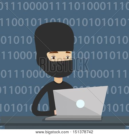 Computer hacker in mask working on laptop on the background with binary code. Hacker using laptop to steal data and personal identity information. Vector flat design illustration. Square layout.