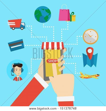 Human hands holding smartphone connected with shopping icons. Concept of online shopping, online store, e-commerce, mobile shopping, buying on internet. Vector flat design illustration. Square layout.