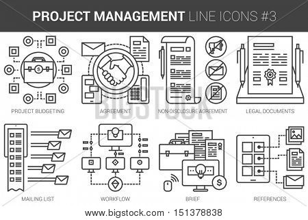 Project management infographic metaphor with line icons. Project management concept for website and infographics. Vector line art icon set isolated on white background.