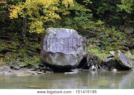 The bank of the Prut river in Carpathians at cloudy autumn day